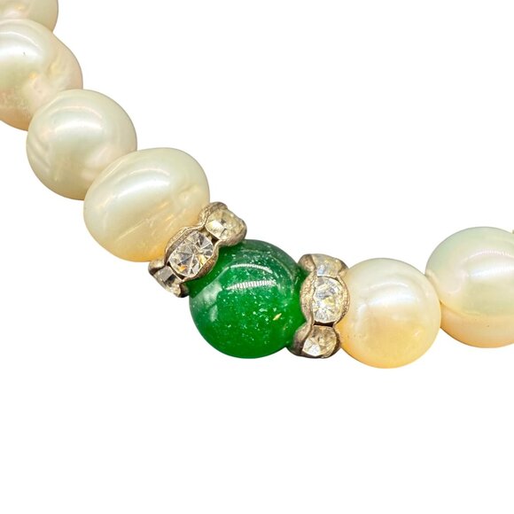 Cream Green Pearl Beaded Rhinestone Stretch Bangle Bracelet Minimalist - Picture 3 of 4